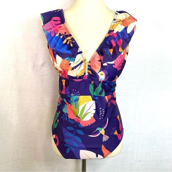 AVERIE RETRO RAYNE ONE PIECE SWIMSUIT RUFFLE TOP TROPICAL PRINT - Picture 2 of 10